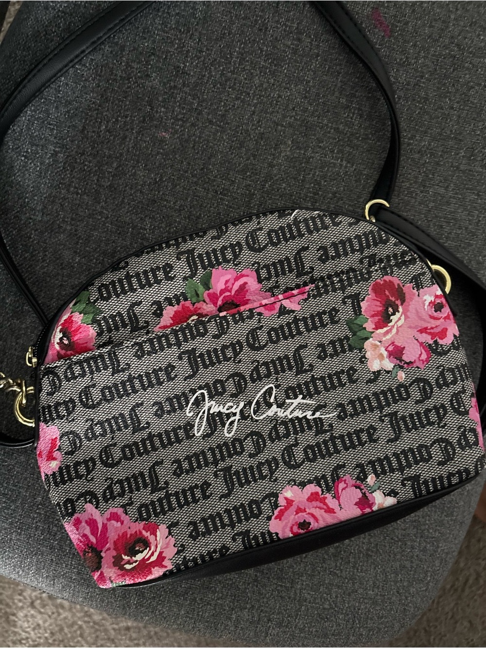 Juicy Couture Black & Pink Floral Logo Crossbody Bag